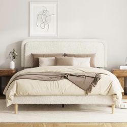 King Size Plush Upholstered Platform Bed Frame with Height-Adjustable Headboard Wood Slats