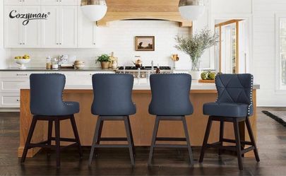 Set of 4 Navy Blue Wood Frame Counter Bar Stool Faux Leather Upholstered Swivel Bar Stool