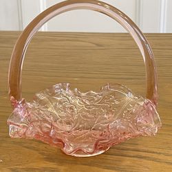 VTG Pink Glass Basket with Applied Handle