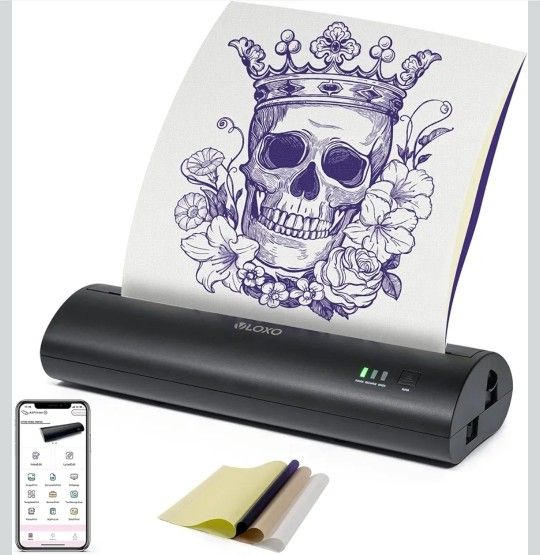 VLOXO Cordless Tattoo Stencil Printer, Portable Tattoo Thermal Transfer Copier Rechargeable Tattoo Printer Compatible with iOS & Android Phone with 10