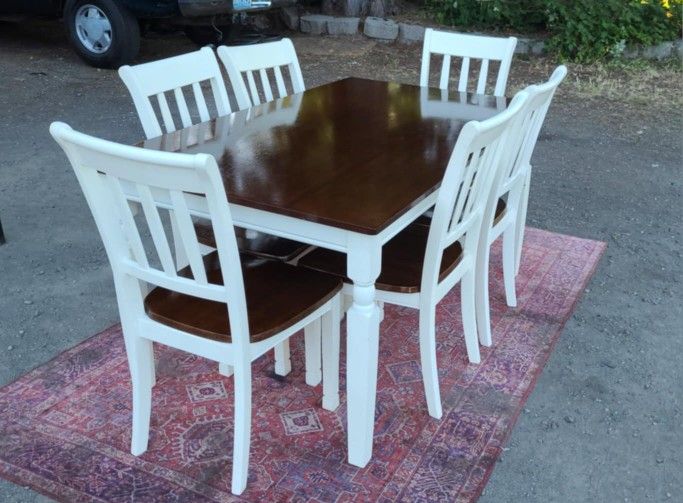 Ashely Farmhouse Dining Table And 6 Chairs/ White Country/ Rustic Dark Wood Set/ Cottage