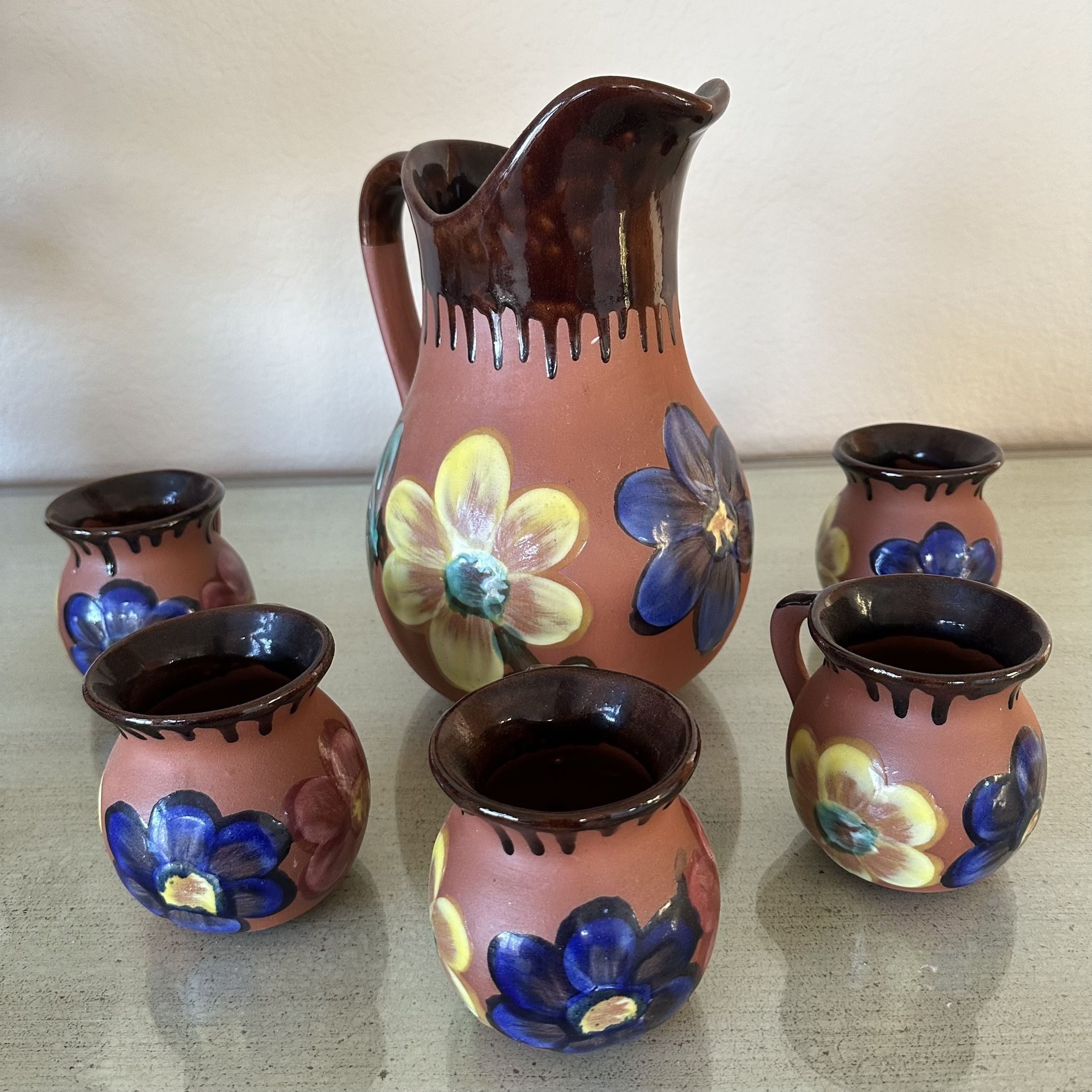 Drip Glaze Clay Pottery Pitcher And Cups 6 Pc Set ~ IF IT’S STILL LISTED, IT’S AVAILABLE…