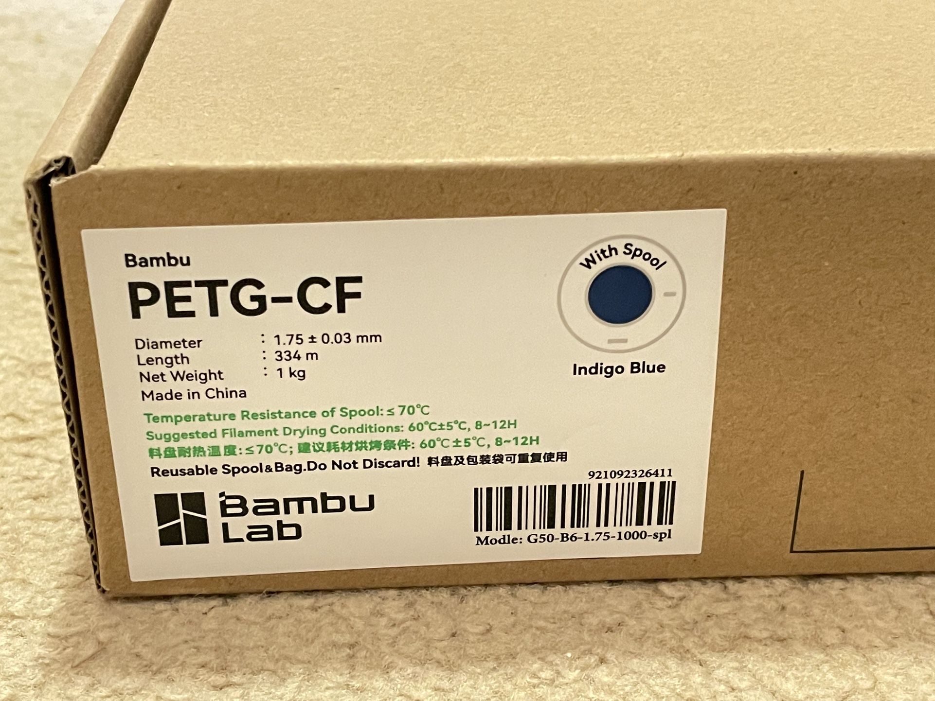 Bambu Lab 1KG PETG-CF Filament With Spool (Indigo Blue)