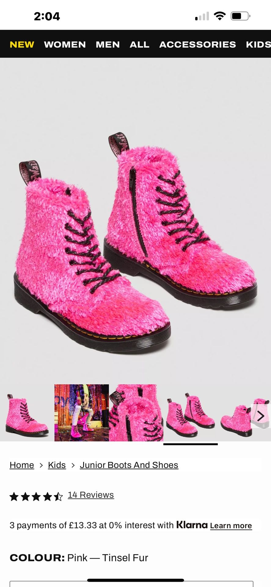 DOC MARTENS JUNIOR 1460 PASCAL TINSEL FUR LACE UP BOOTS BARBIE PINK