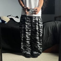 y2k grunge baggy wide leg punk sleepwear black camo pajama pants