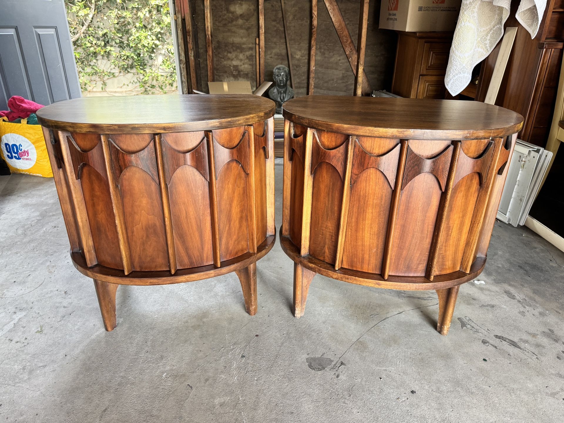 Kent Coffey Perspecta Mid Century Round Walnut and Rosewood Nightstands - Pair