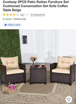 3PCS Patio Rattan Furniture Set Cushioned