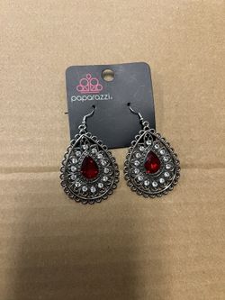 Paparazzi Silver & Red Teardrop Rhinestone Statement Earrings
