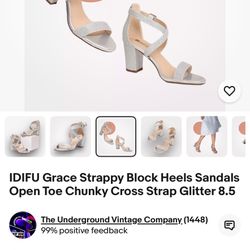 IDIFU Grace Strappy Block Heels Sandals Open Toe Chunky Cross Strap Glitter 8.5 