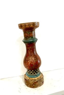 Vintage Hand-Painted terracotta Pillar Candle Holder | Boho Folk