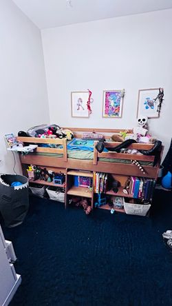 Young Kids Loft Bed Frame and Bookshelf with Clubhouse Space Bellow