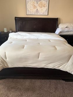 Dark Wood Sleigh King Bed Frame, nightstands, and twin bedframe