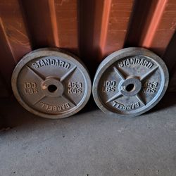 two 100 pound Olympic plates