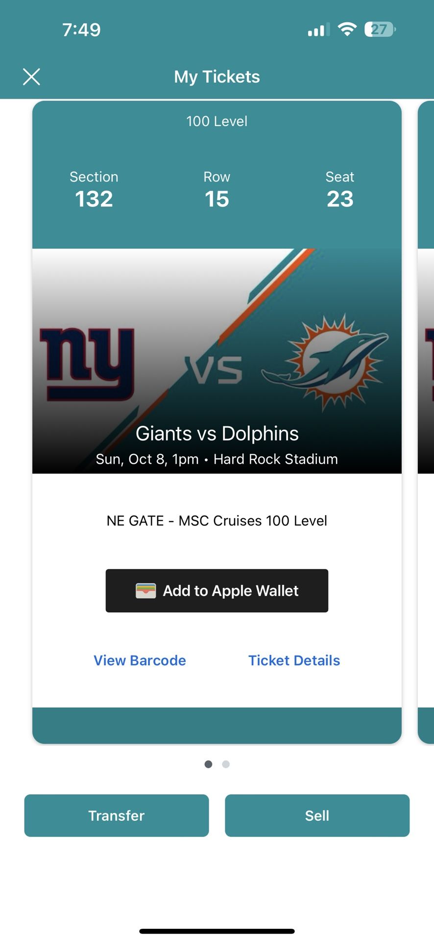 Dolphins v. Giants 10/8 Sec 132 Row 15 Aisle