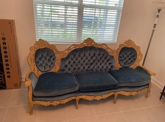 Stunning Vintage Rococo Revival Navy Velvet Sofa and Matching Chairs Set