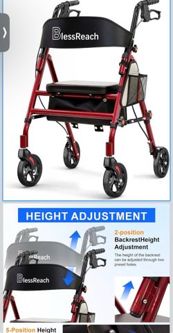 BlessReach Lightweight Foldable Rollator Walker with Seat for Seniors, Red