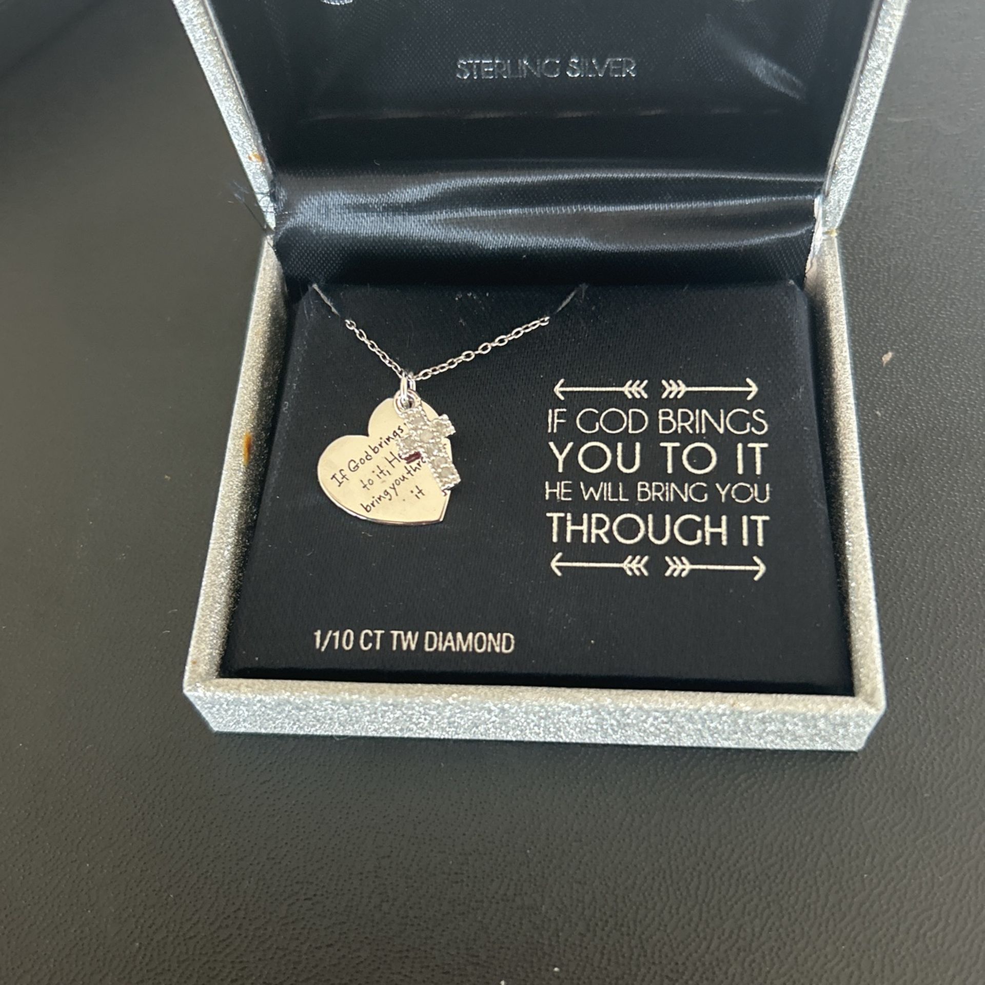 New In Box Sterling Silver Religious Themed Necklace With Diamonds.
