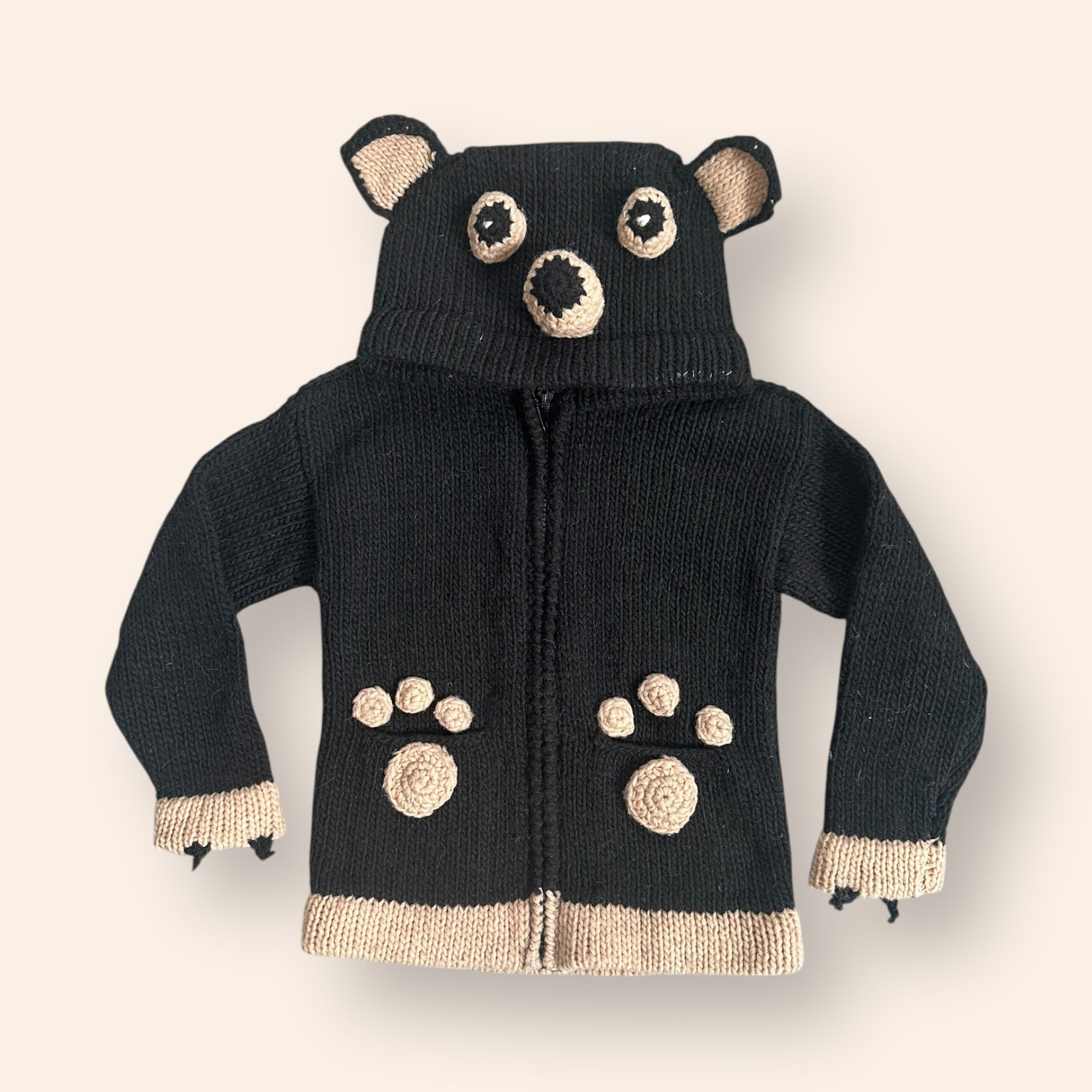 Earth Ragz 100% Wool Kids Black and Tan Bear Sweater Hoodie, Size M, MSRP $69