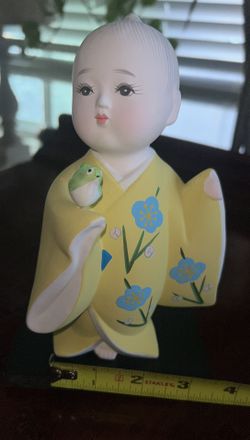 Antique Japanese Bisque Hakata Doll: Boy w/ Bird