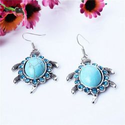 Tribal Tibetan Silver Turquoise Rhinestone Cracks Tortoise Turtle Earrings