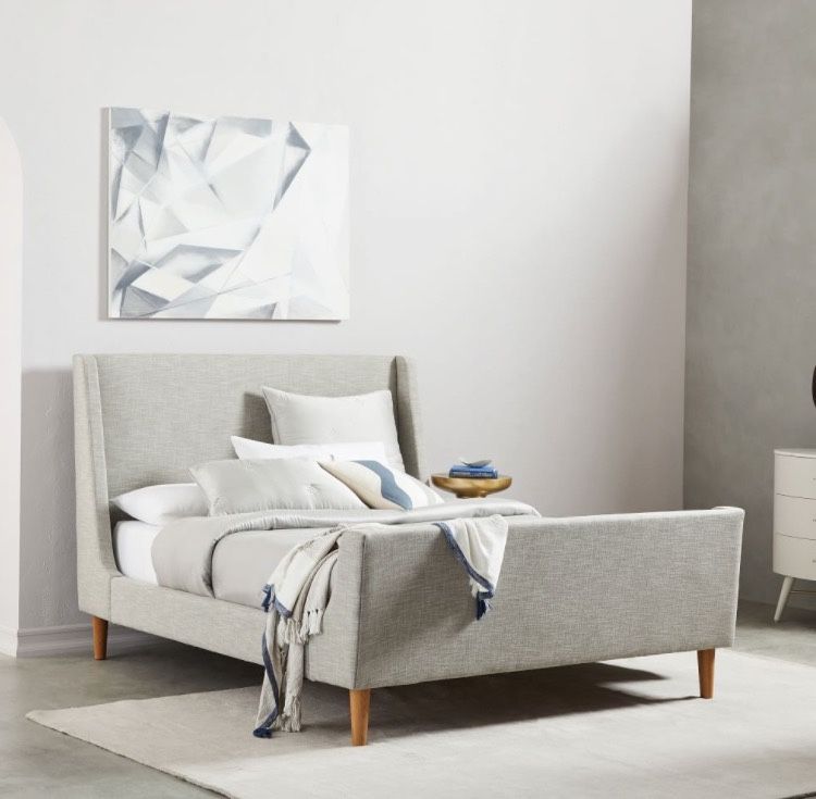 West Elm Mid century Upholstered Sleigh Bed