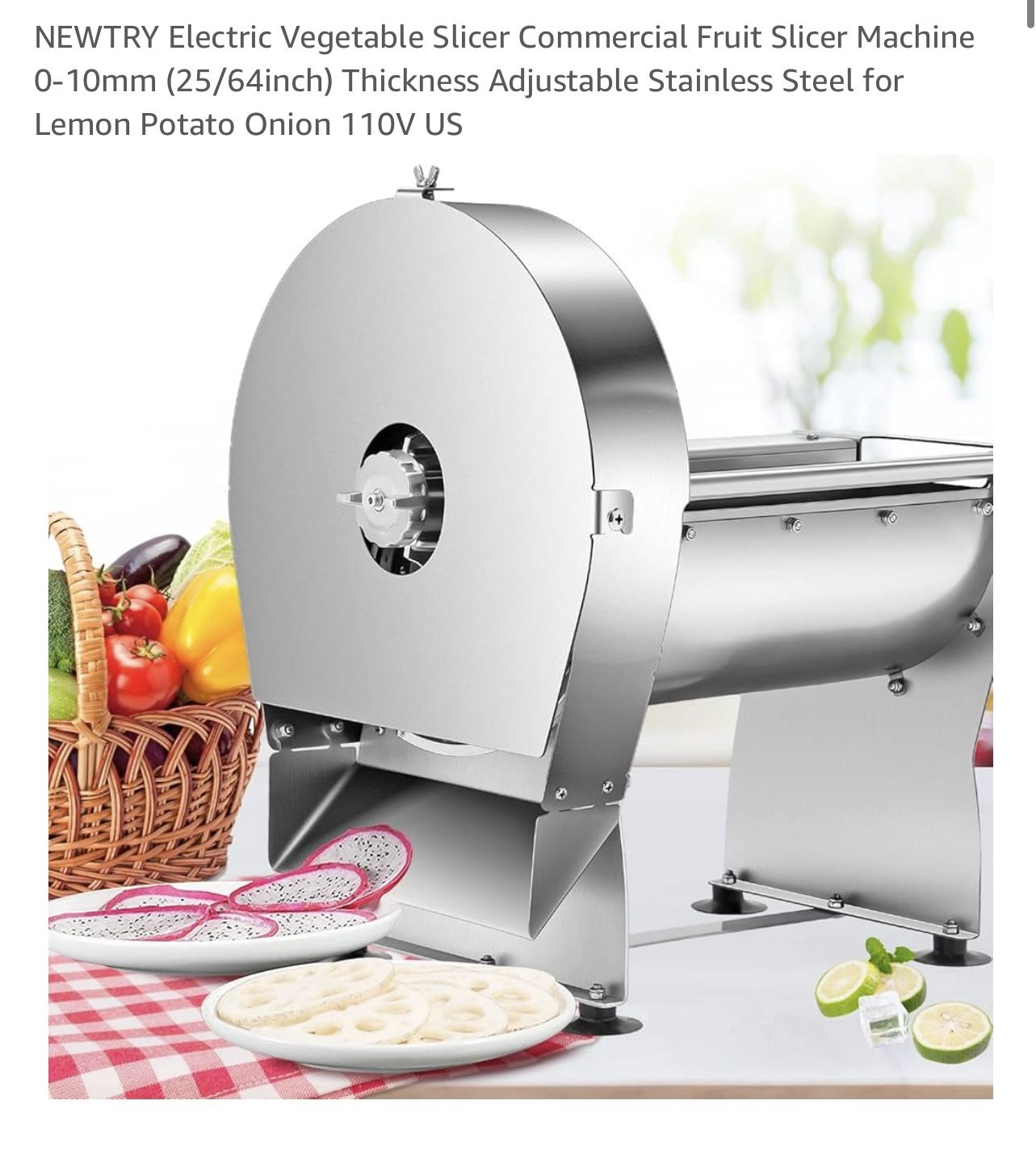 NEWTRY Electric Vegetable Slicer Commercial Fruit Slicer Machine 0-10mm (25/64inch) Thickness Adjustable Stainless Steel for Lemon Potato Onion 110V U