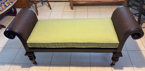 Wicker Scroll Arm Bench with Green Cushion