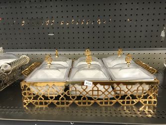 Serving Container 6 Compartment w/ lids Candy, Nuts, Dried Fruit - Gold Accent