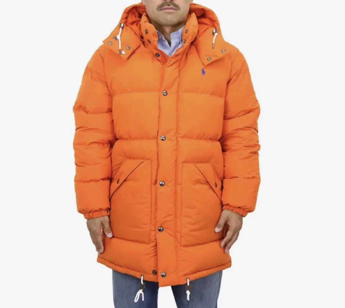 Men's Polo Ralph Lauren Orange Long Down Fill Puffer Coat  Large & 2XL NWT 