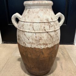 LuxenHome Rustic Cream and Brown Terracotta Urn with Handles.