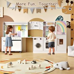 Wooden Corner Play Kitchen Set for Kids, Pretend Large Play Kitchen Features Sink with Running Water, Stove with Light and Sound, Ice Maker & Washer, 