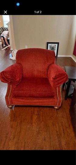 Matching Set of 2 Red Chenille Armchairs – Excellent Condition