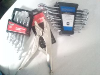 10 in locking pliers,  6 piece combination wrench set, and 9 piece  sae combination set