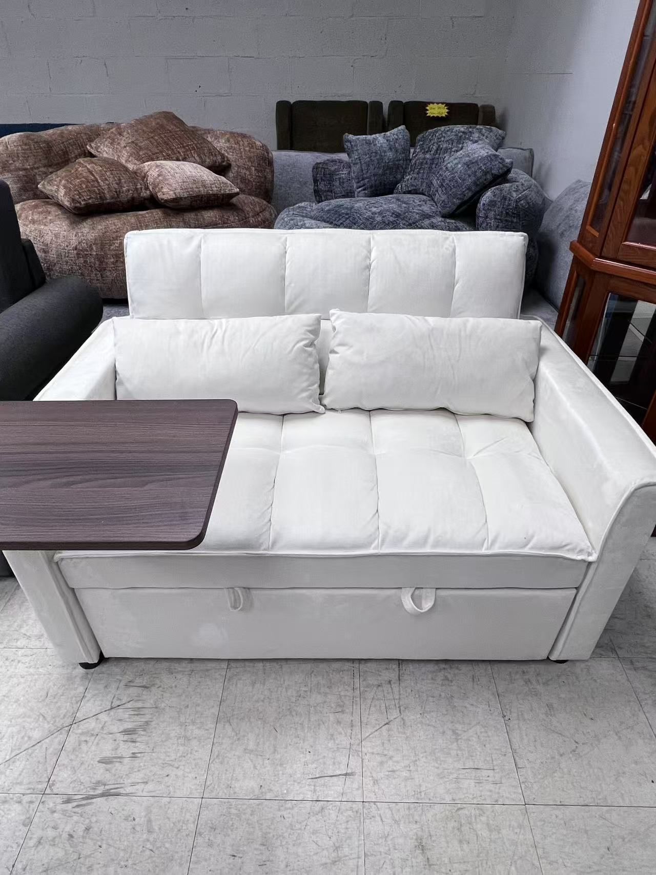 Convertible Sofa Bed, 3-in-1 Multi-Functional Velvet Sleeper Sofa Bed with Removable Small Tabletop, Upholstered Chair with Adjustable Backrest for Li