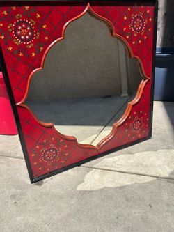 " Hand-Painted Indian Jharokha Wall Mirror - Red Boho Decor