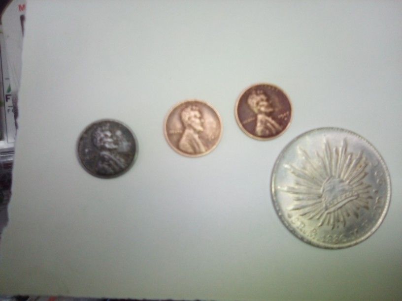 1942,1943,1944 Wheat Penny,1886 Mexican Silver Dollar 