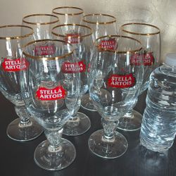 Stella Artois Belgium Gold Rimmed Glass. Set Of Eight.