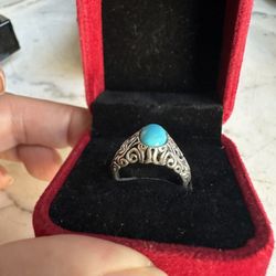Vintage 925 Sterling Silver , Designer Shube Genuine Oval Turquoise Ring, Size 6 , Hallmarked STERLING w/$ Markers Mark