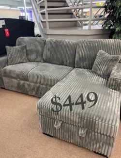 Stylish Gray Corduroy Convertible Sectional Sofa Set Brand New ‼️