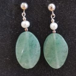 Green Agate And Pearl Earrings 