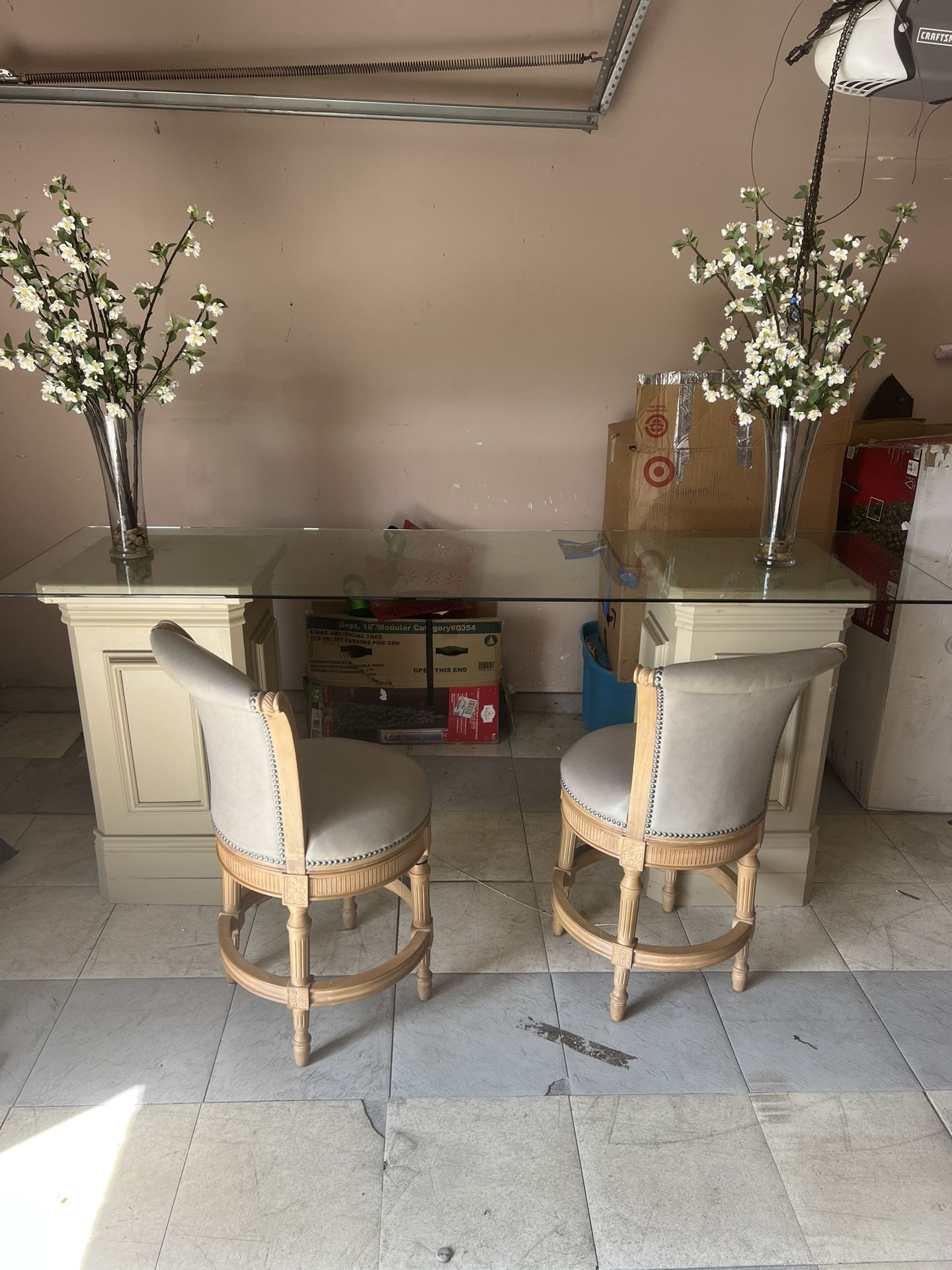 8 Foot Glass Table With Stands For Inside/ Outdoor 