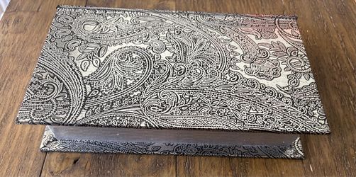 Jewelry / Book style storage faux box with metallic silver and black embossed foil paisley pattern