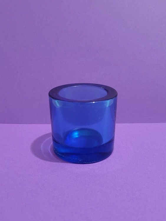 Finland One Marimekko Cobalt Blue Candle Votive Signed Thick Glass .
