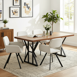 Homy Casa Leonard+California 5PC Dining Set 63" Rectangular Table with Beige Swivel Upholstered Chairs, Black Legs