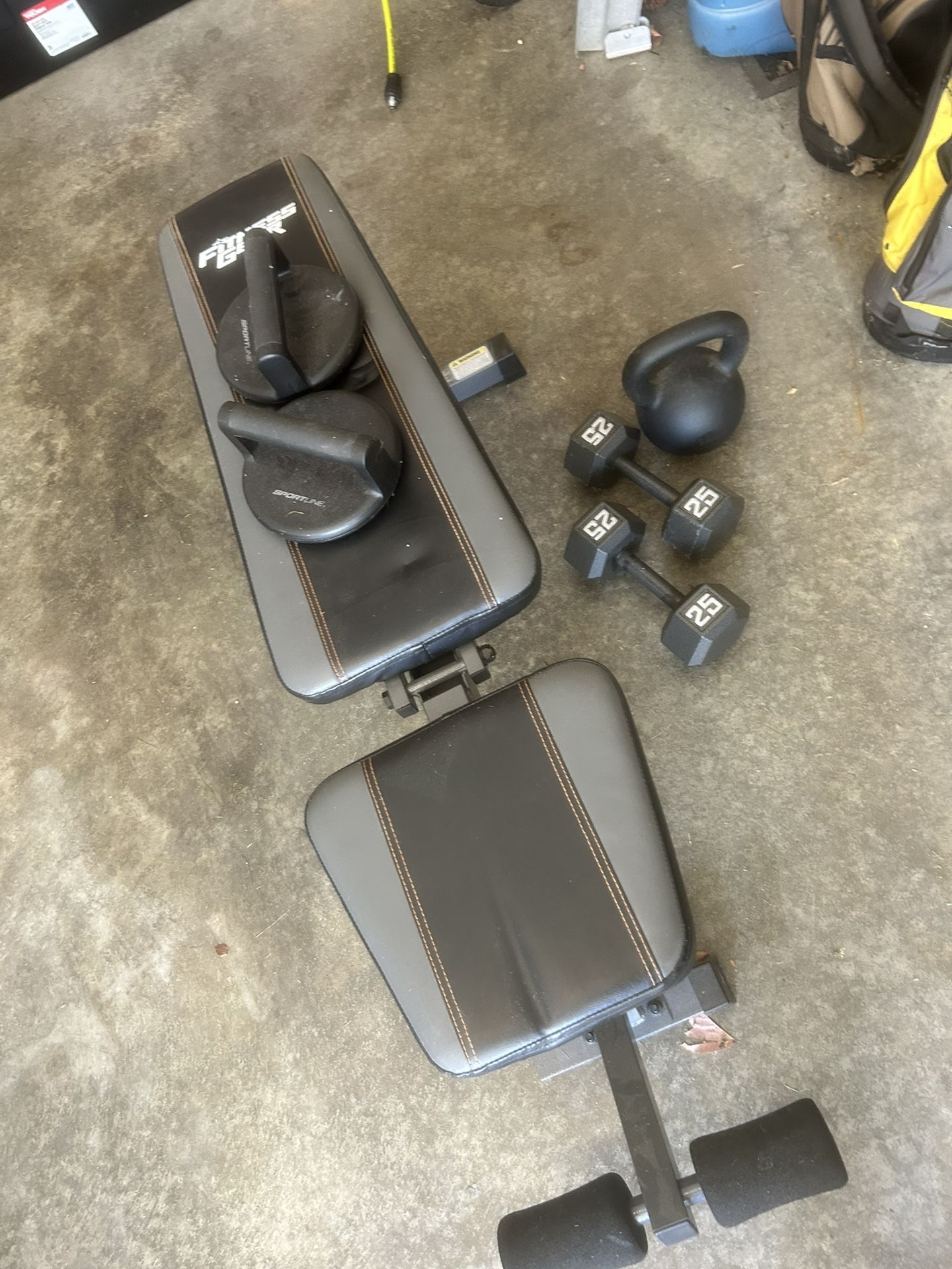 weight bench, weights, kettle bell and more