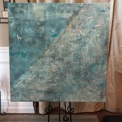 Large Abstract Canvas Artwork Teal And Silver Main Colors