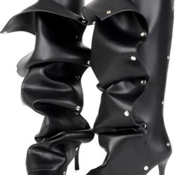 Knee High Boots for Women, Pointed Toe Stiletto Shark Boots, Detachable High Heels Fold Over Long Boots Ruched Slouchy Tall Studded Sexy Boots for Wom