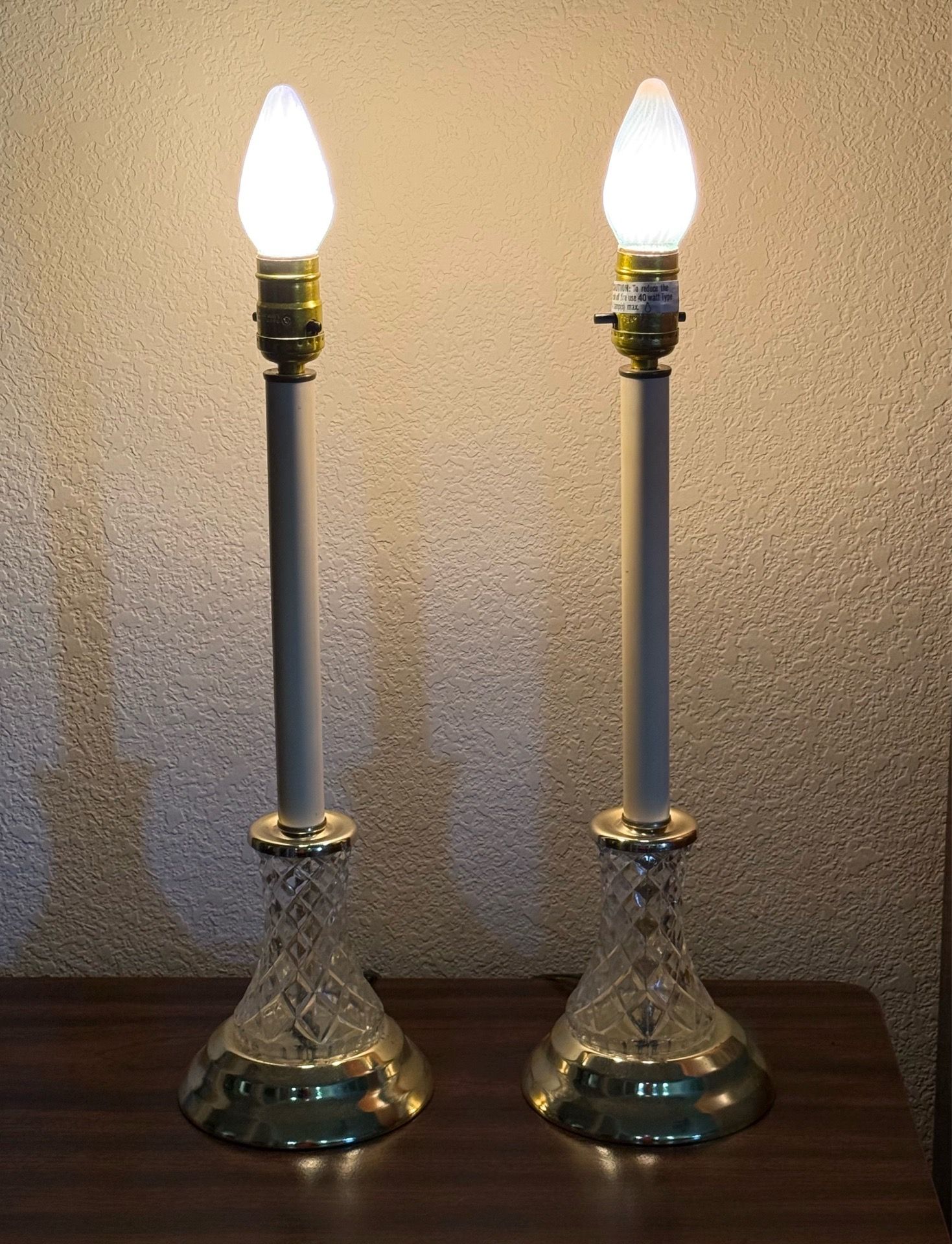 Set of 2 Vintage Crystal & Brass Taper Candle Lamps - 18 3/4” Tall