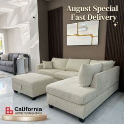 Ivory Corduroy Sectional Sofa with Storage Ottoman & USB
