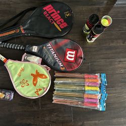 Outdoor Fun Kit: 2 Tennis Rackets In Cases,  2 Barbie Kids Badminton Rackets, 9 Unused Tennis Balls, Shuttlecocks, And 8 Unused Bubble Wands And Kite